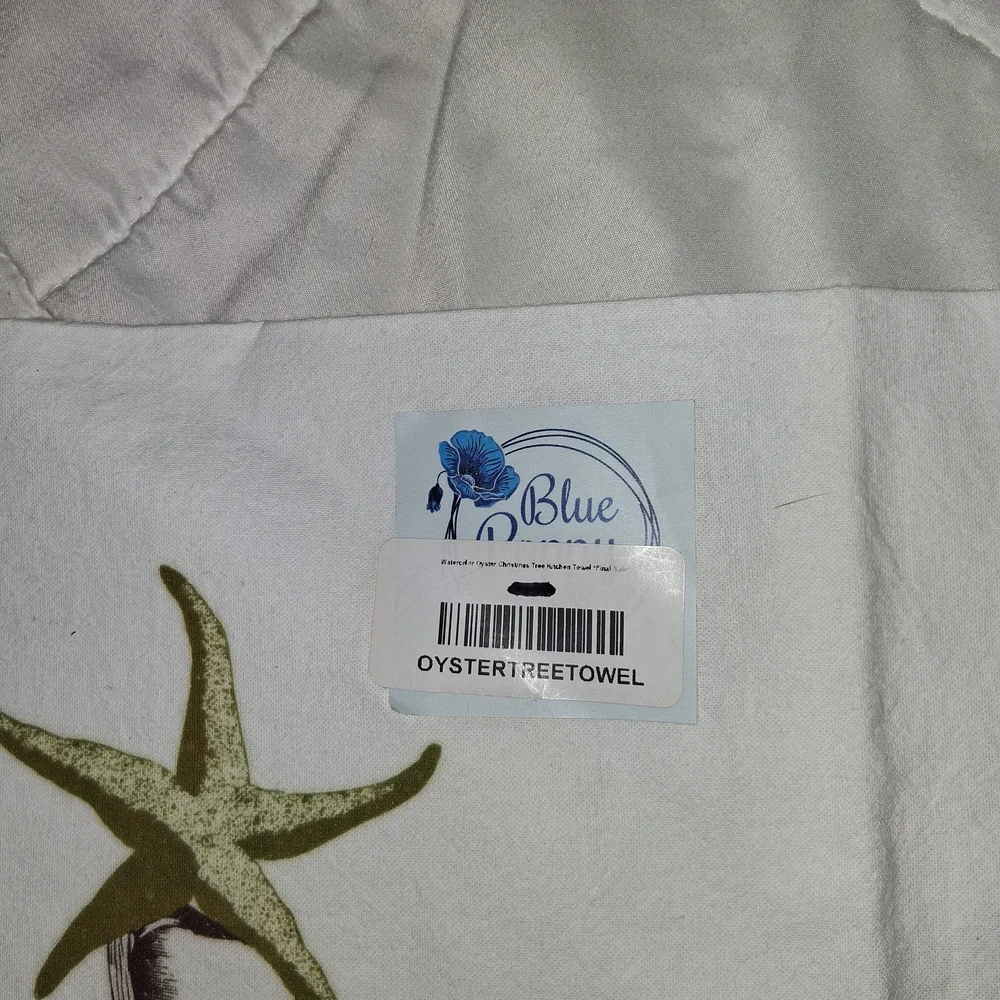 Coastal Oyster Stack Cotton Towel - White with Brown and Green Print